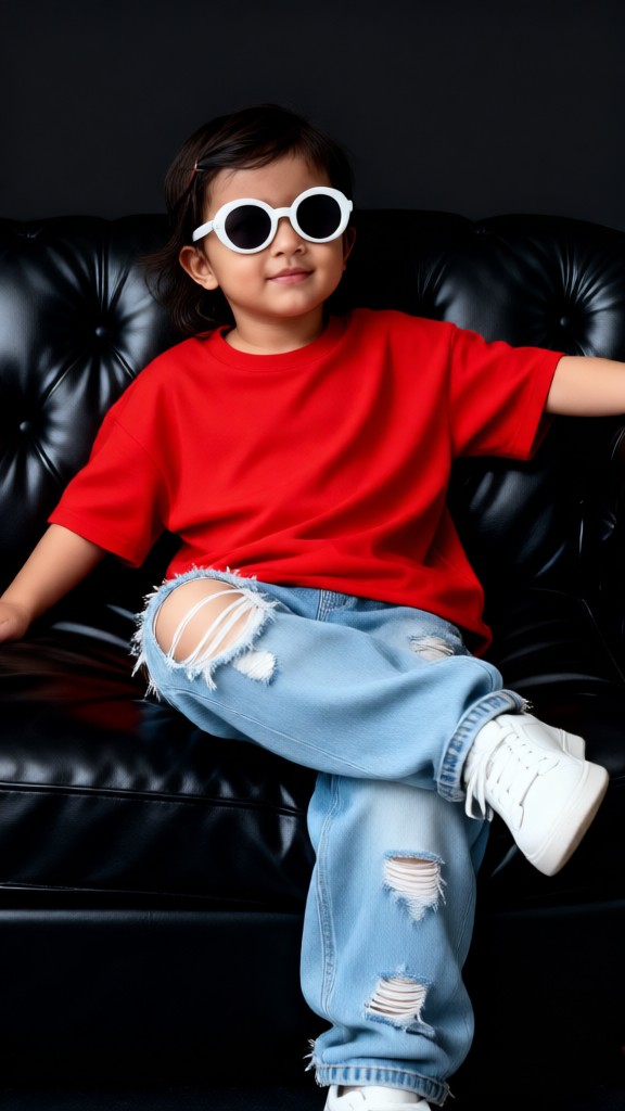 Portrait of a child in a red outfit, seated image