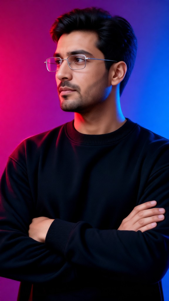 Porträt in hellblauer Neonbrille image