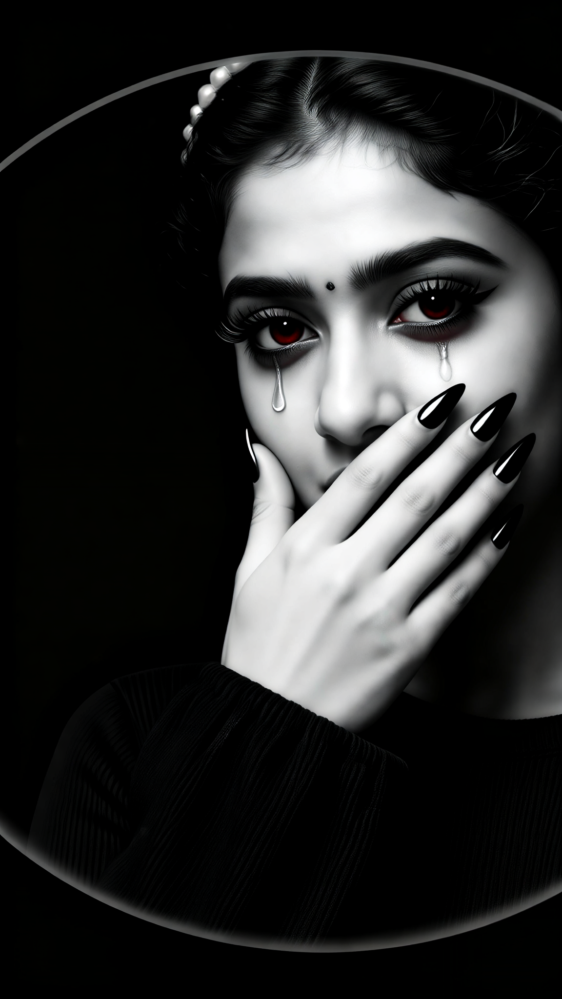 Black and white tear stains cover the lips image