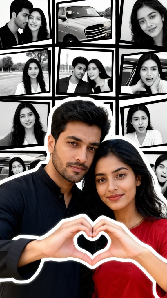 Couples making heart shapes in a multi-panel layout image