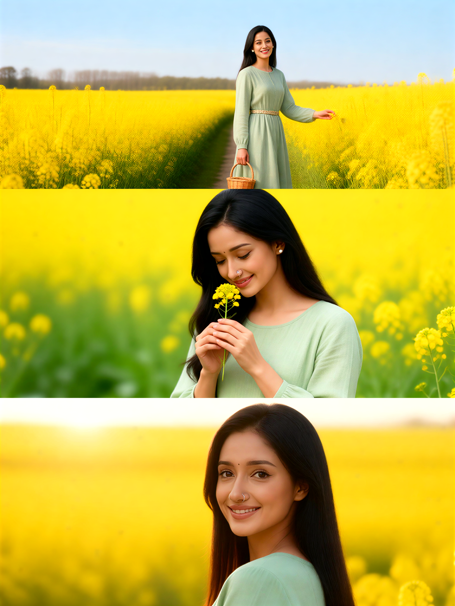 A girl wearing a light green cotton-linen skirt amidst a field of rapeseed flowe image