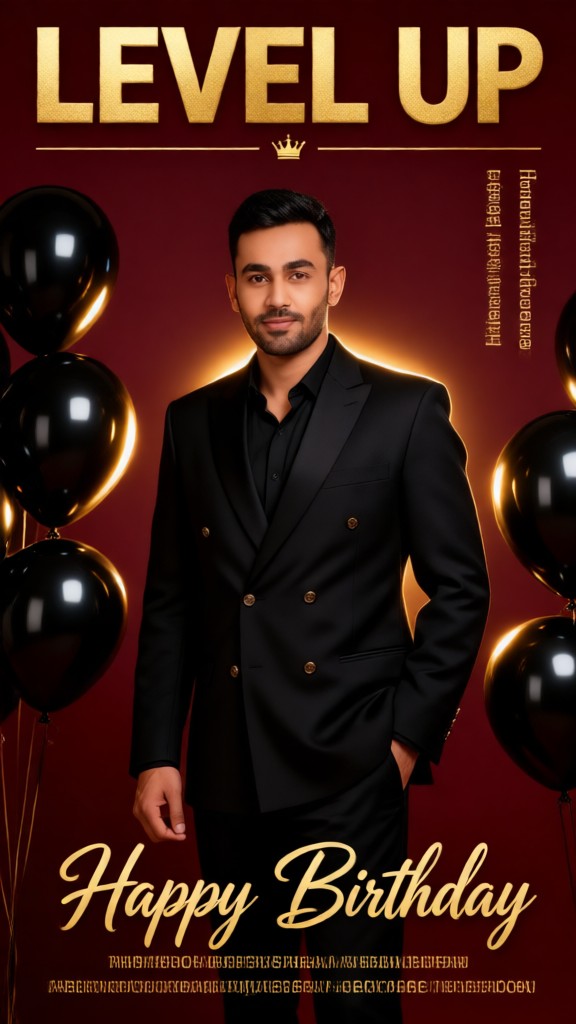Birthday photo with yellow font and red background image