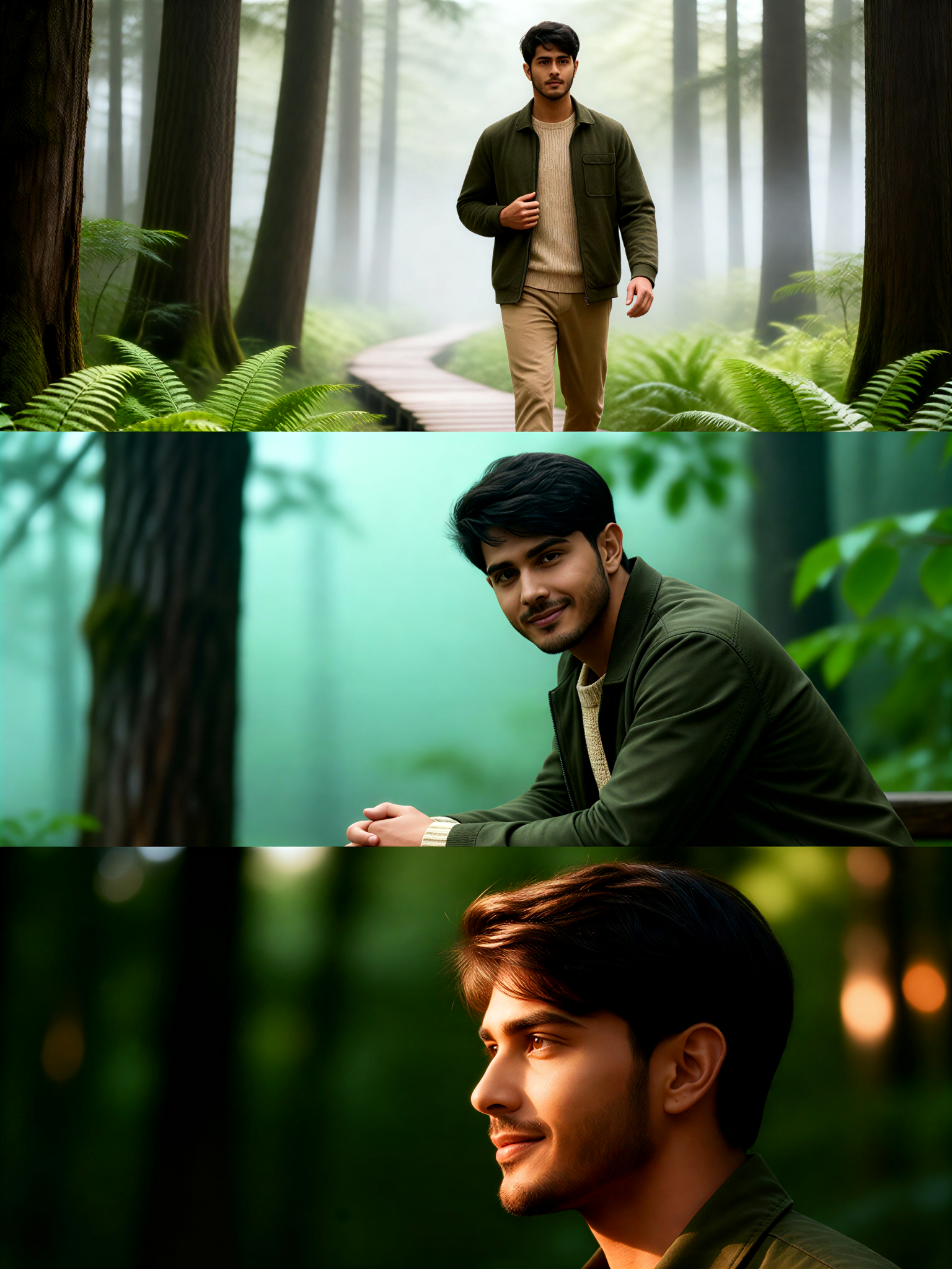 Forest hiking photo series featuring a man in a trio grid. image