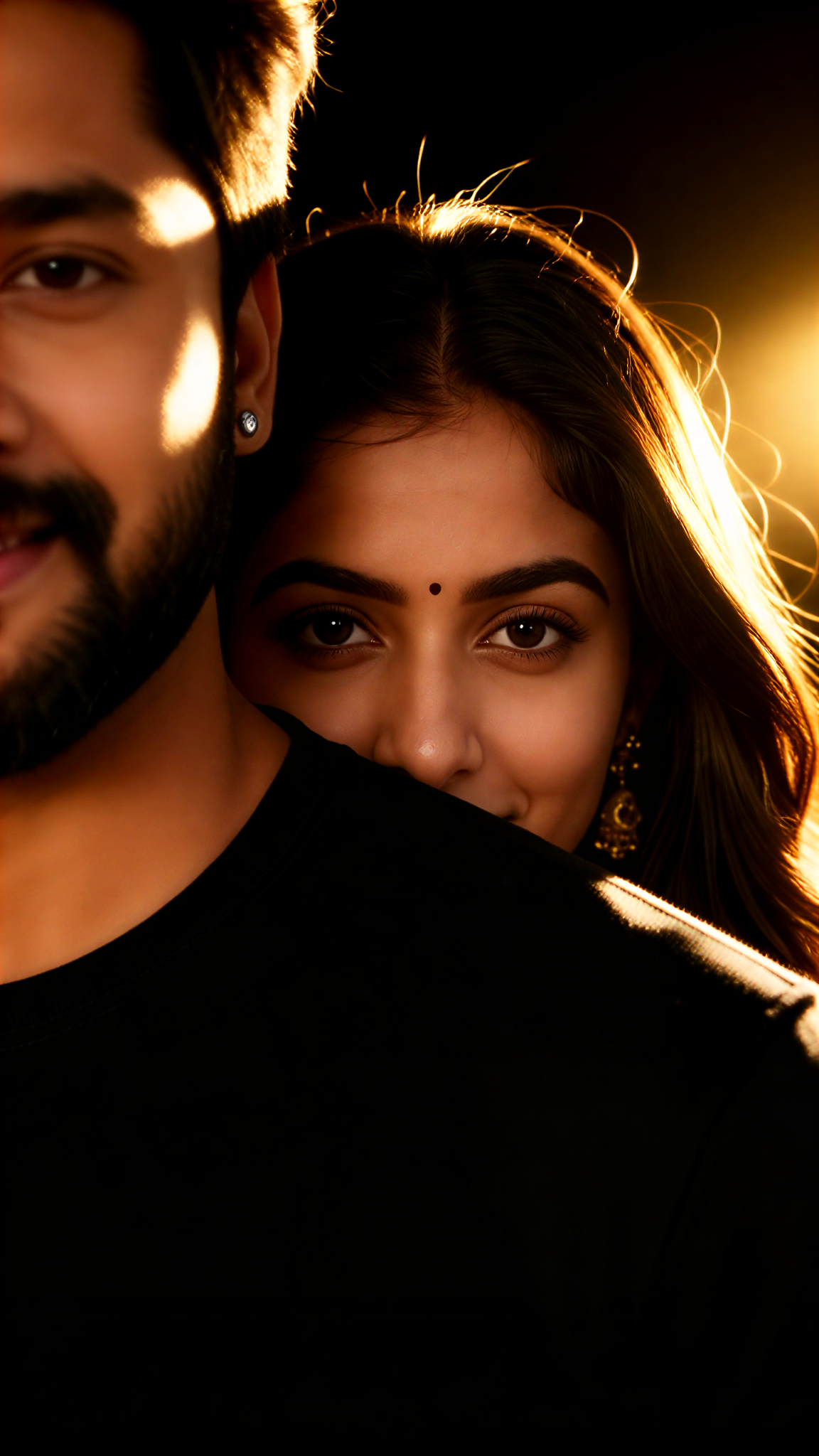 Backlit couple portrait with faces partially covered image