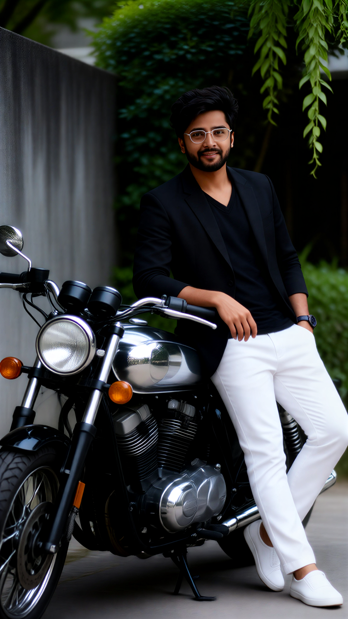 Black suit, vintage motorcycle image
