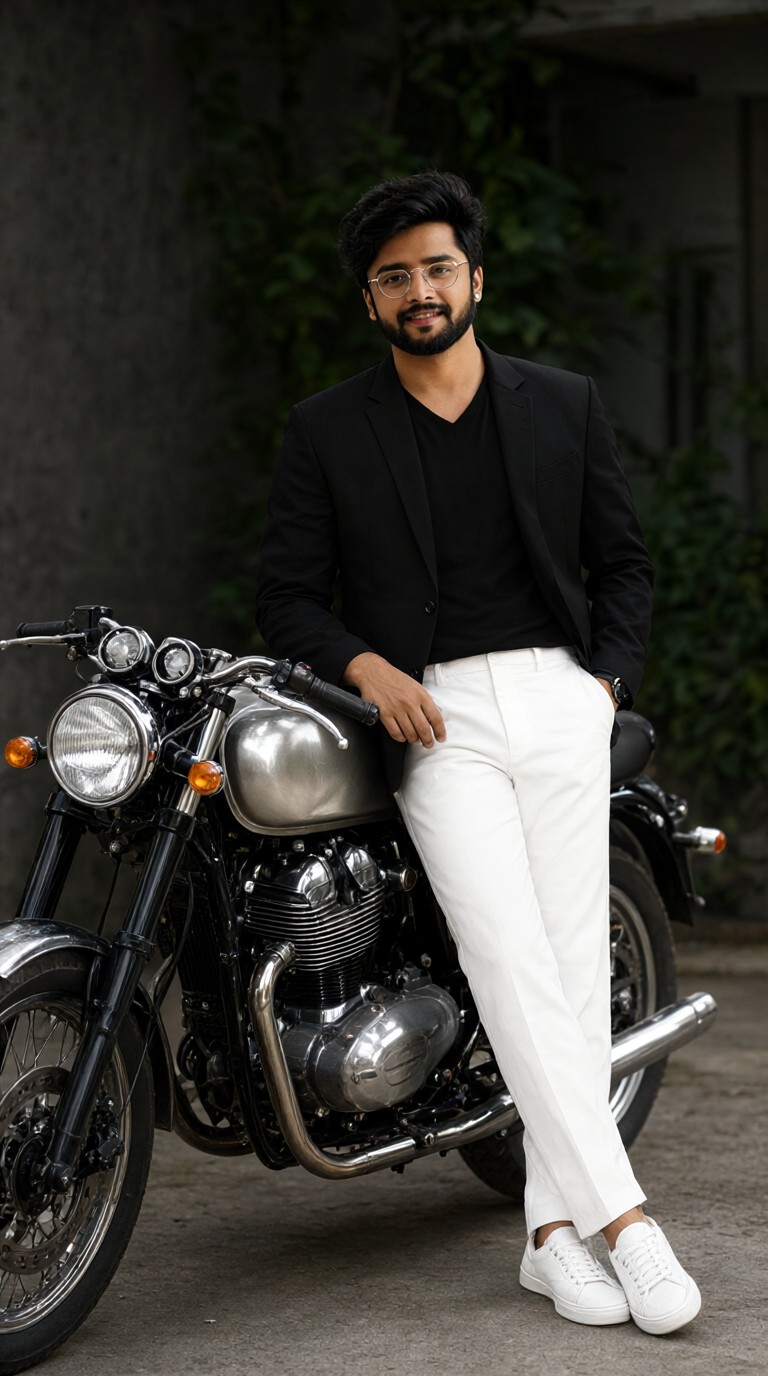 Black suit, vintage motorcycle image