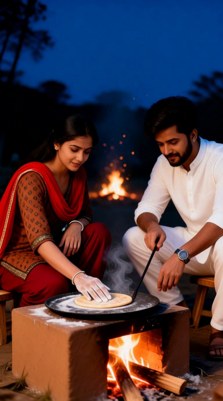 Couple baking pancakes at night image