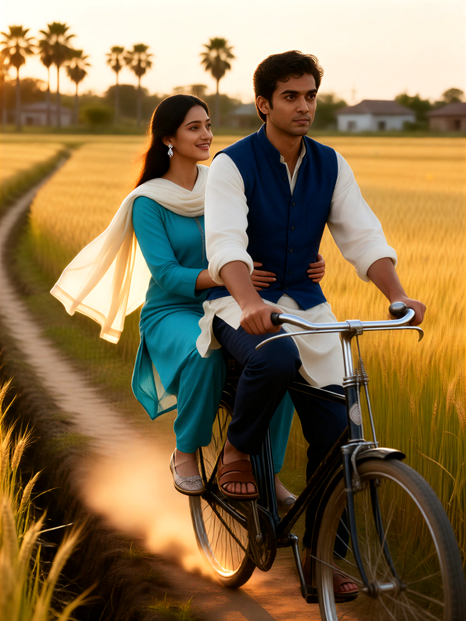 A couple rides bicycles together through a wheat field. image
