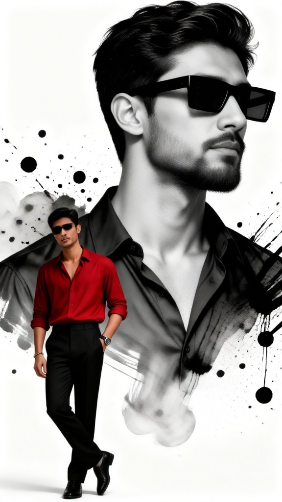 A dual image: a figure in red and a splash of ink. image