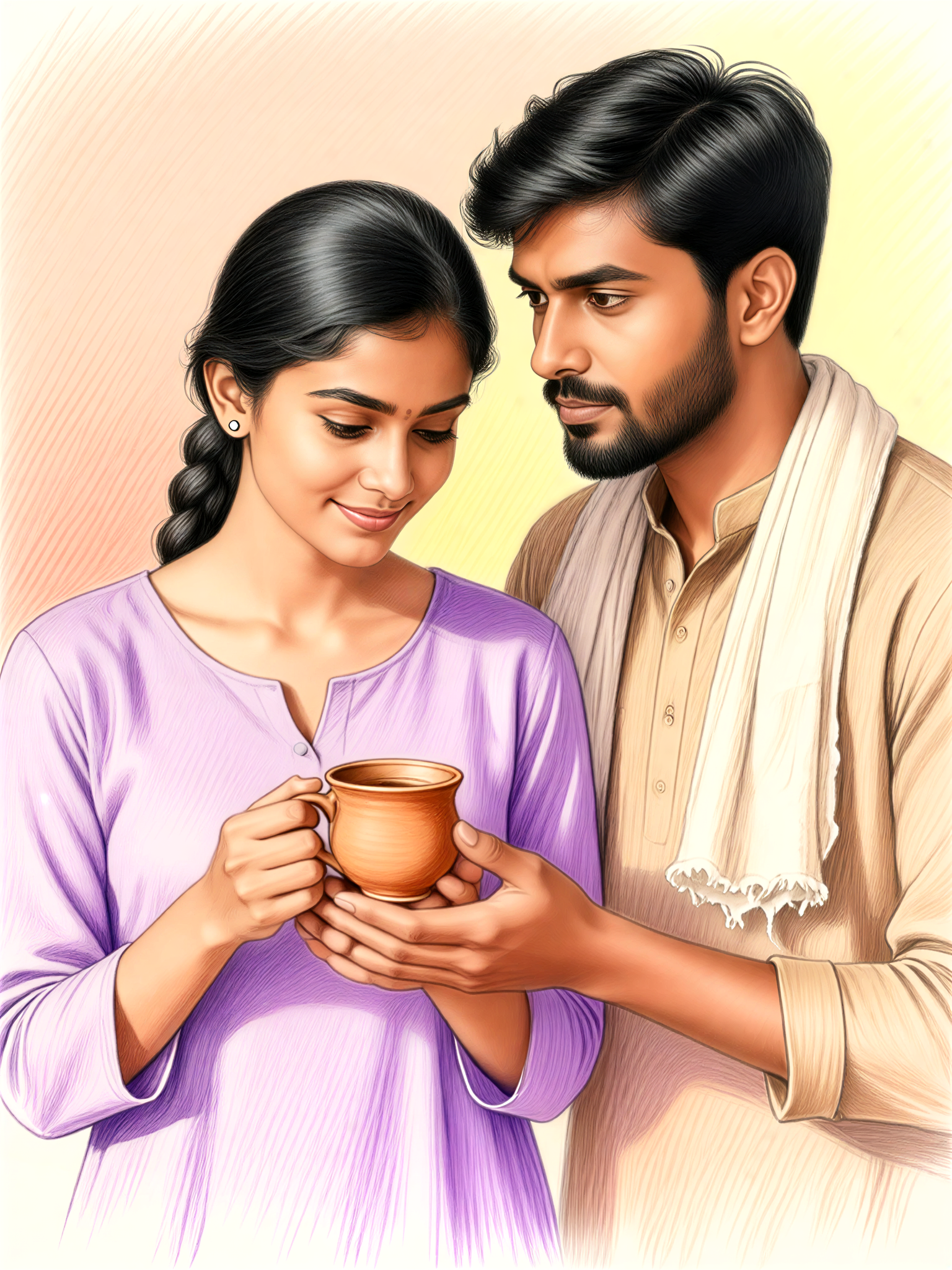 A colored pencil drawing of a couple enjoying Indian tea together. image