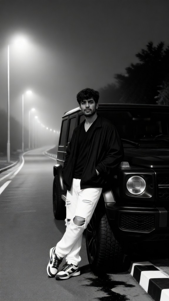 Black and White-Man And Luxury Car image
