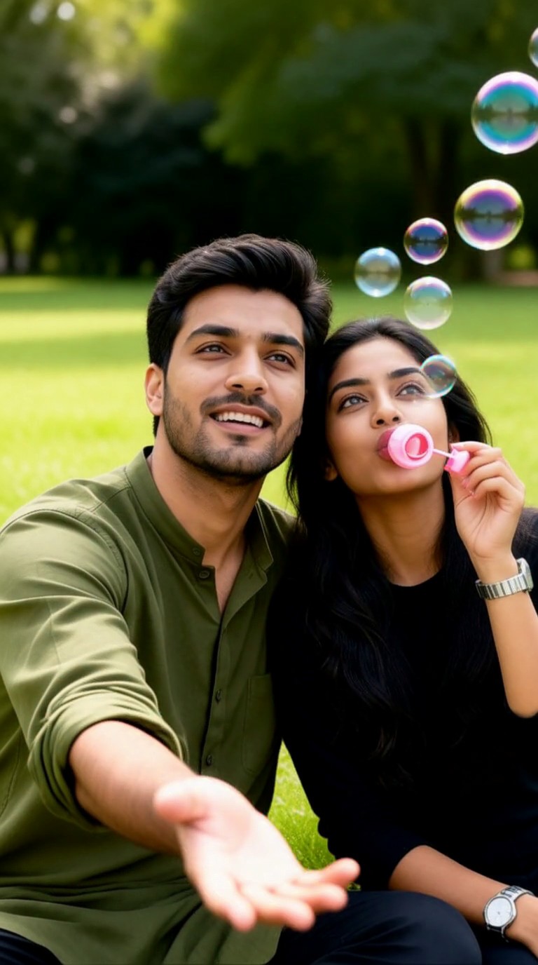 A couple blowing bubbles on the lawn image