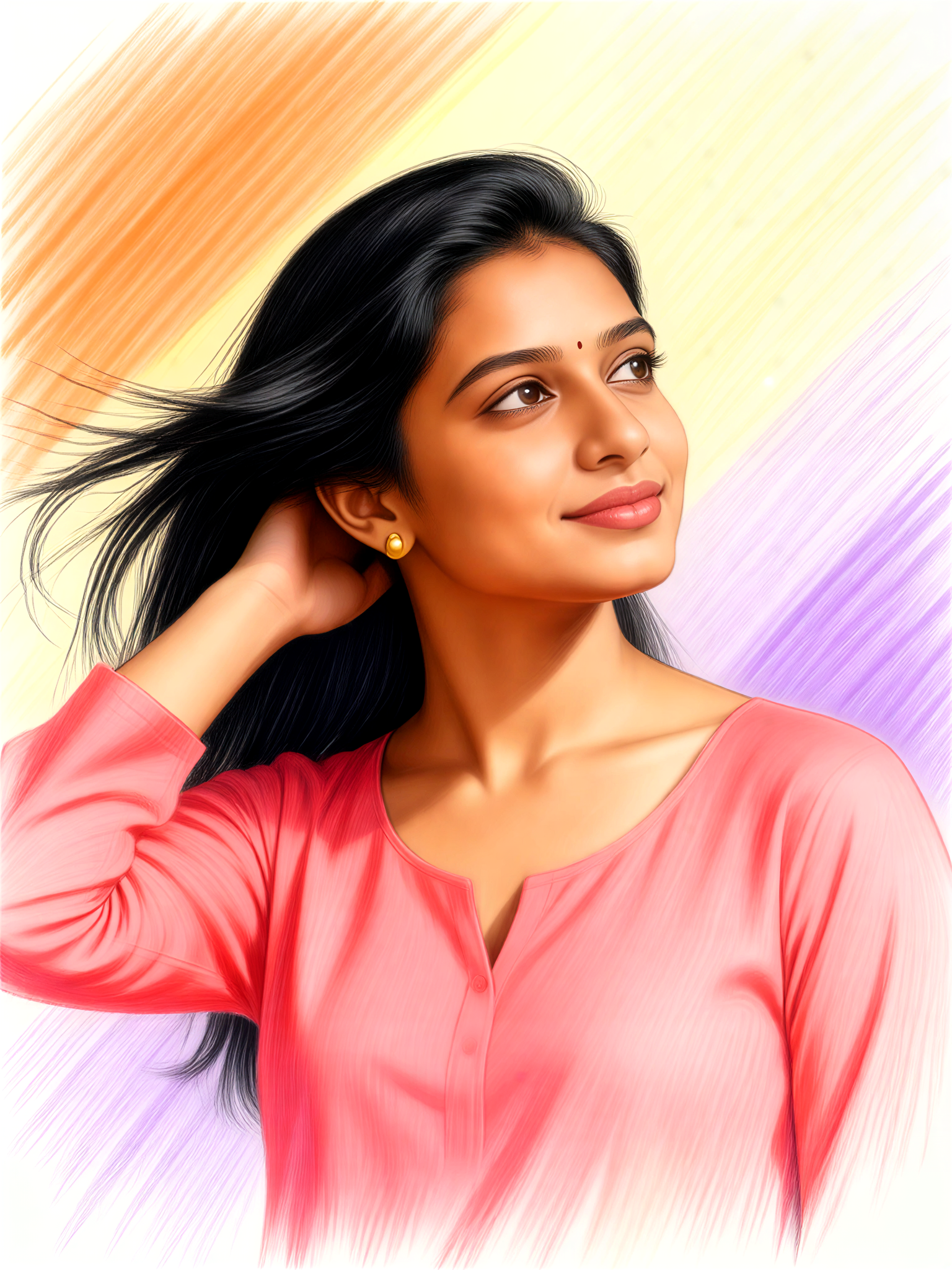 A colored pencil drawing of a single woman with her face partially obscured by t image