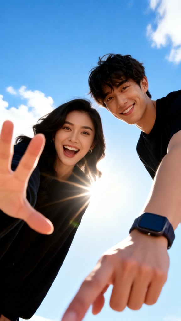 Low-angle shot of a hand reaching up toward a clear sky. image