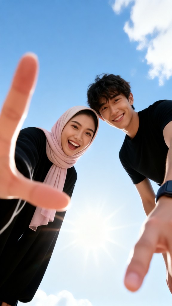 Low-angle shot of a hand reaching up toward a clear sky. image