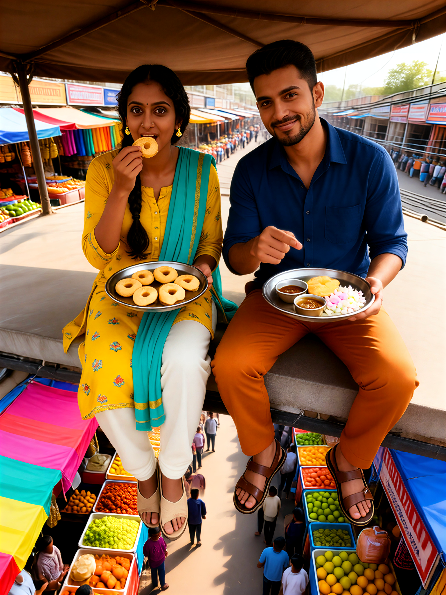 Couple enjoying pani puri at a rooftop market stall. image