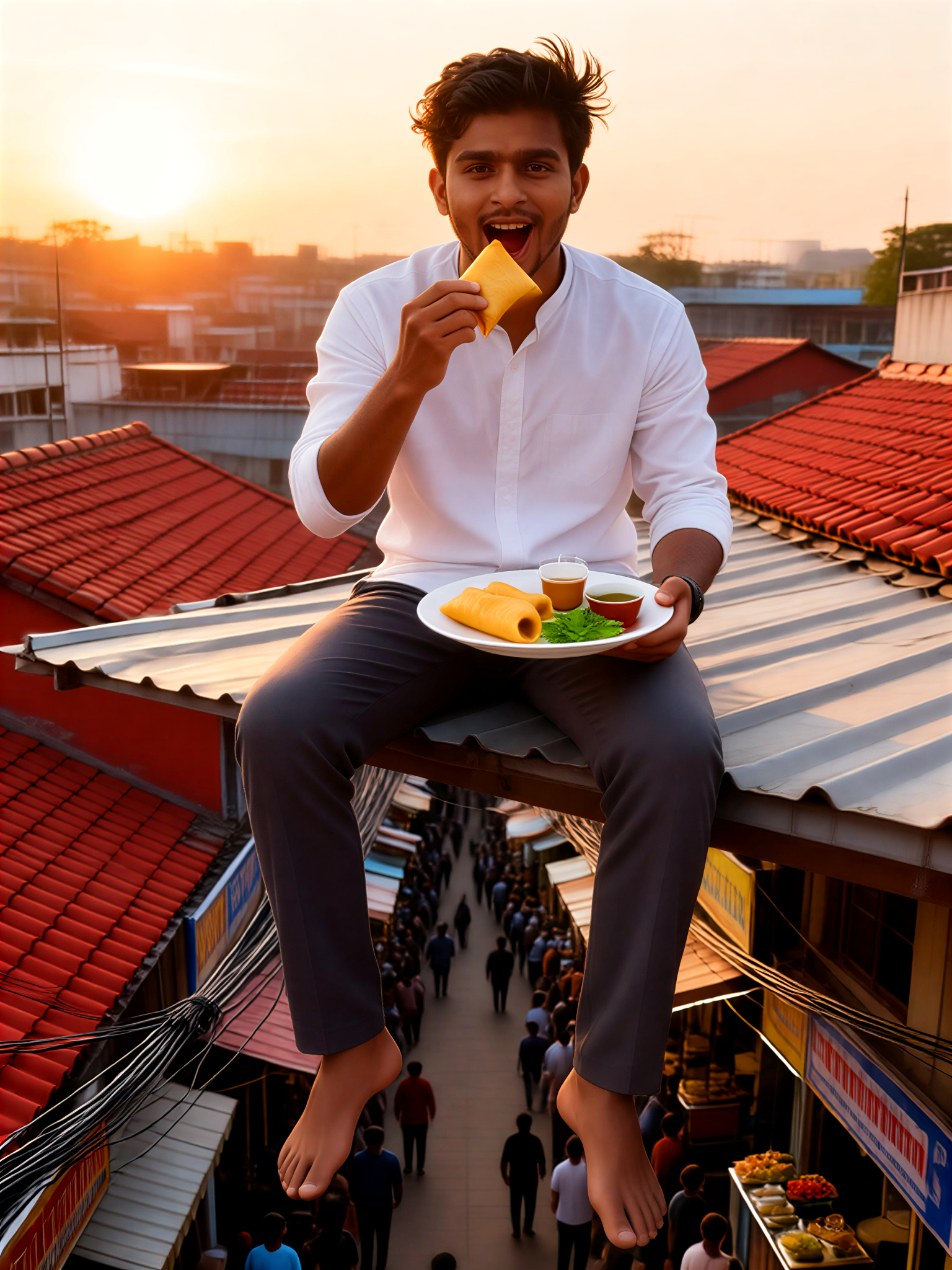 A man is eating samosas under the eaves of an old building. image