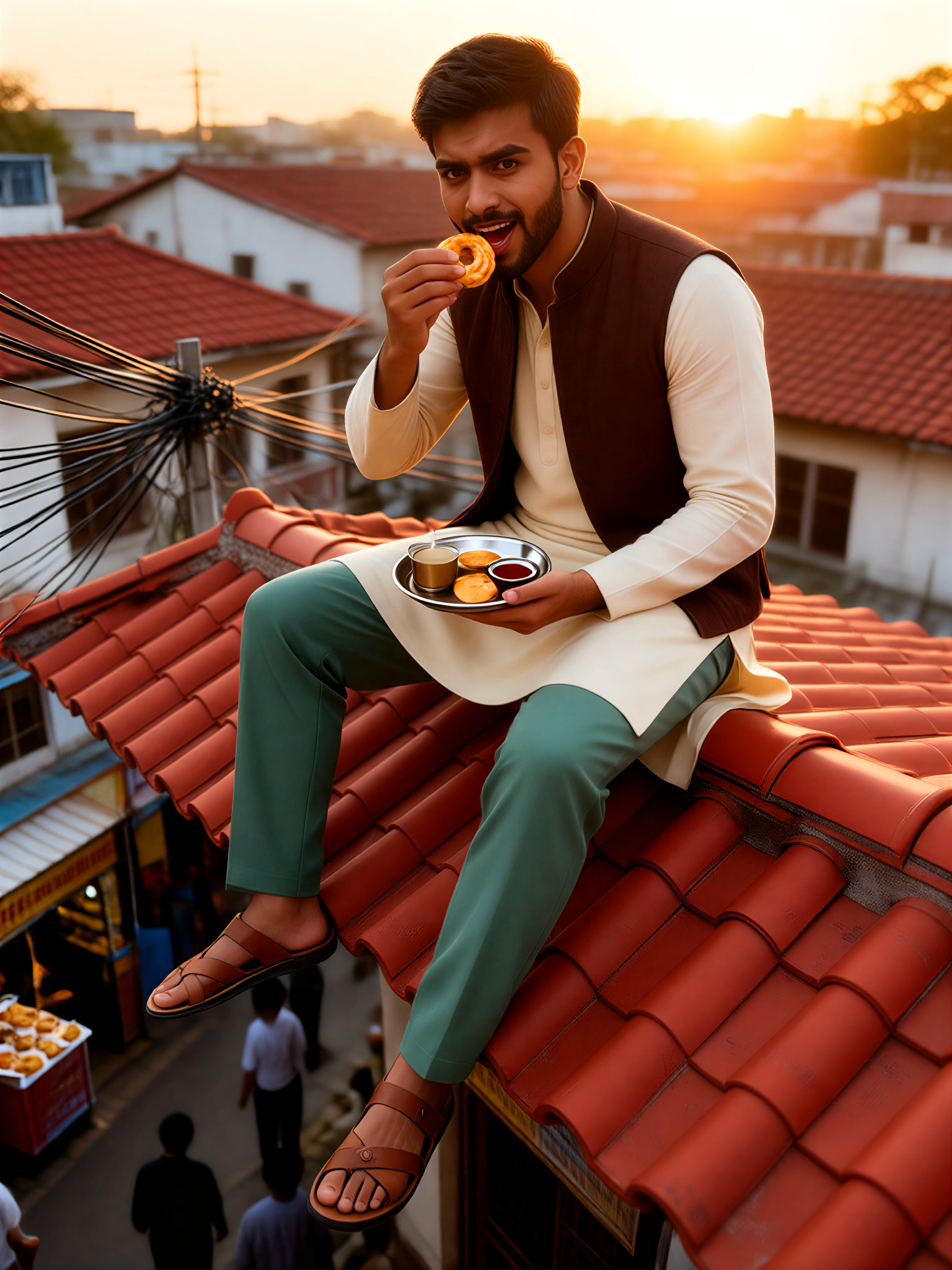 A man is drinking chai and eating jalebi atop a red tiled roof. image
