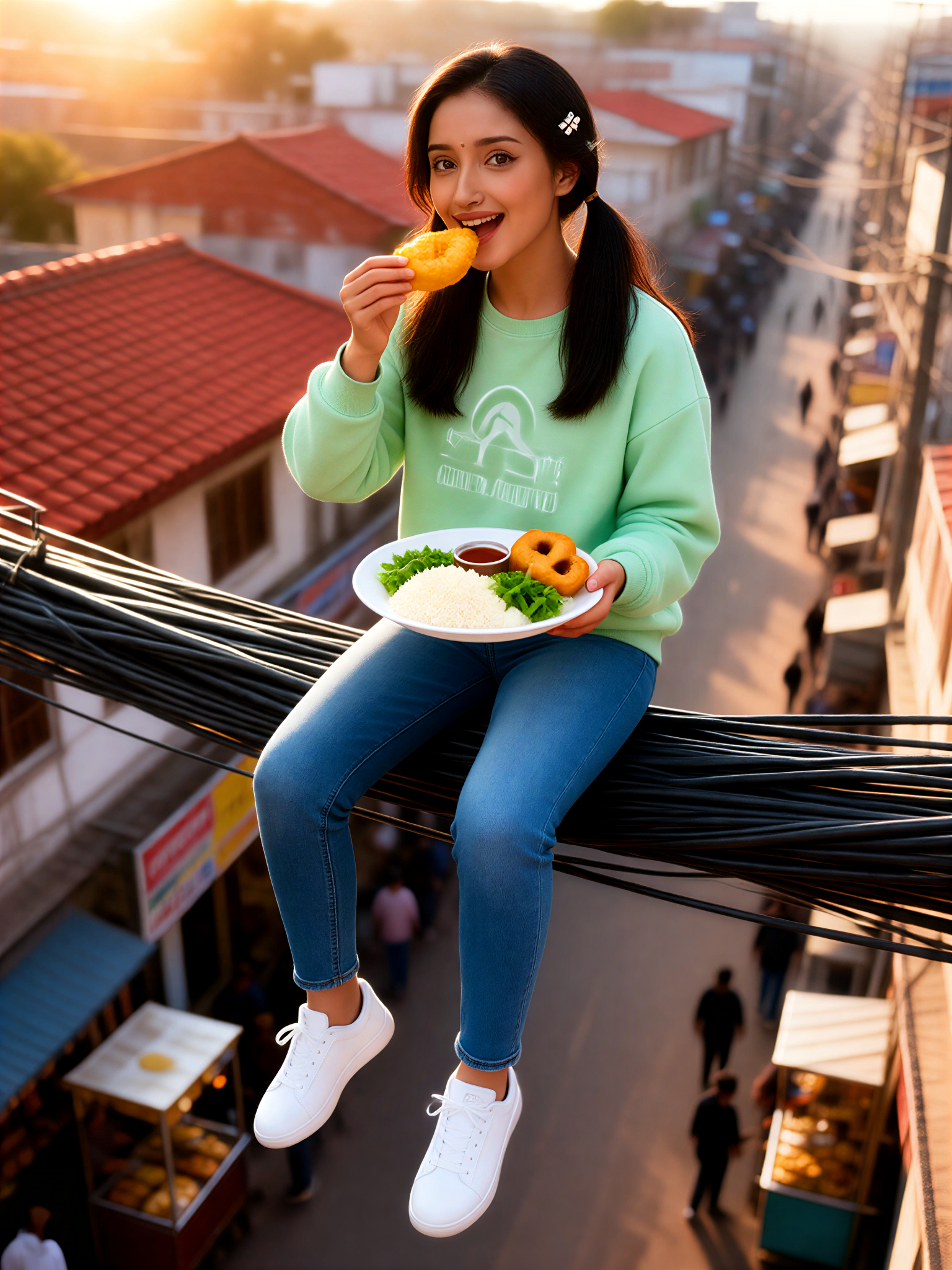 A woman wearing athletic wear enjoying fried foods. image