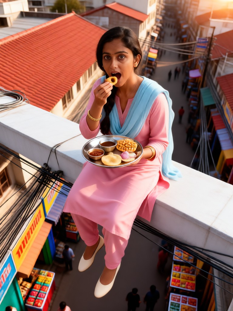 A girl wearing a pink salwar kameez is eating pani puri. image