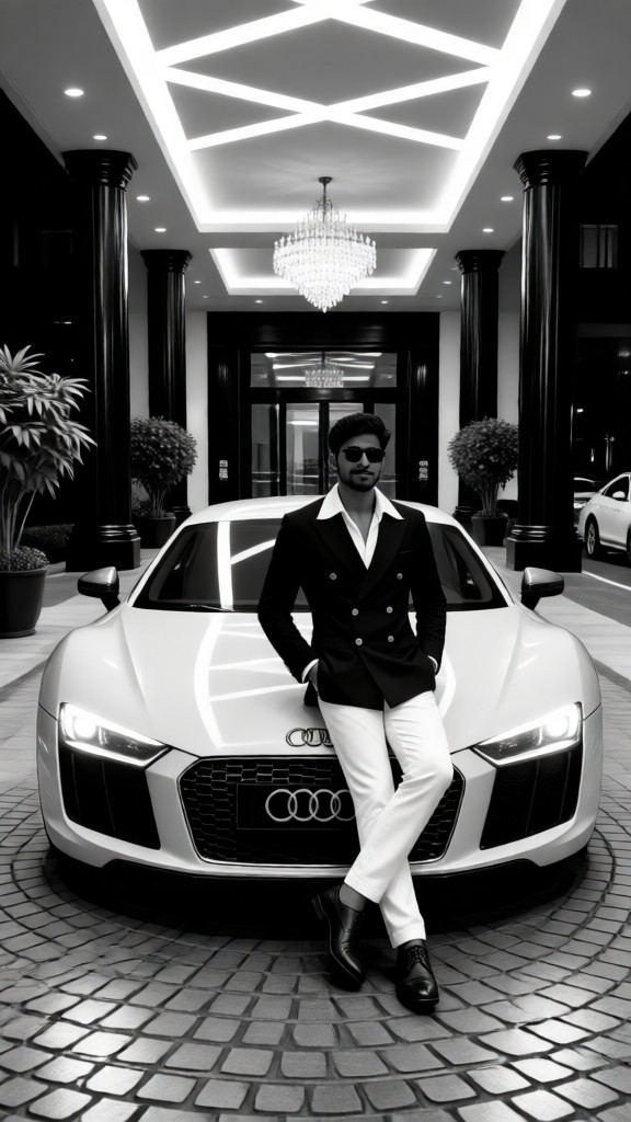 Black-and-White Luxury Cars and Mansions image