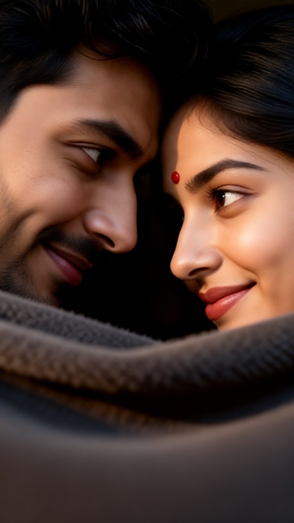 A couple with their foreheads touching image