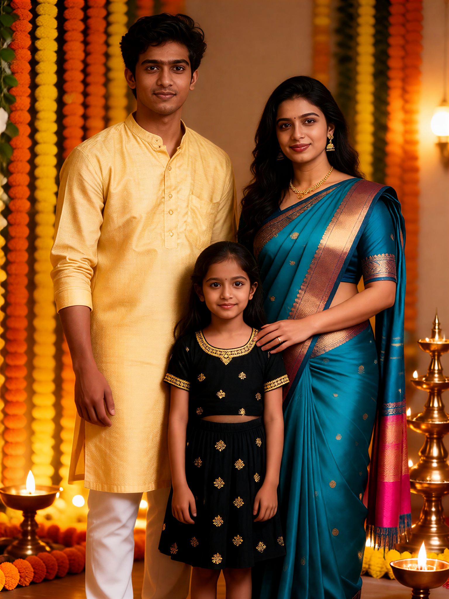 `three-person festival family portrait image