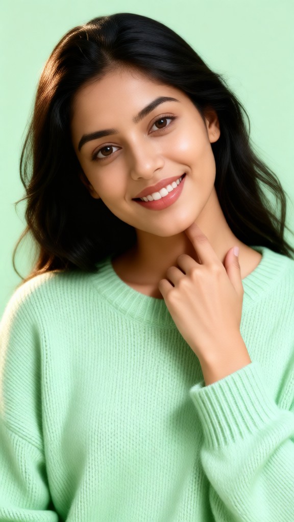 Portrait of a young woman in a light green knitted top image