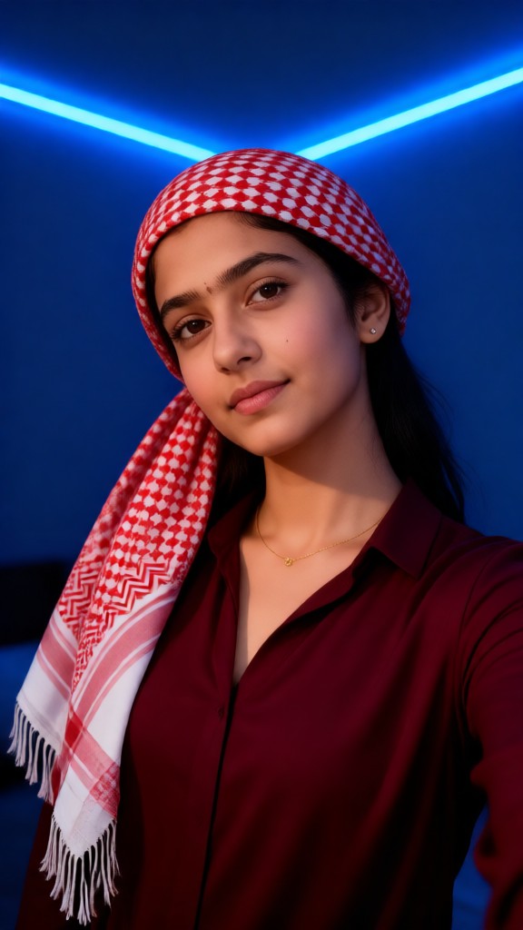 Selfie wearing a red-and-white checkered headscarf image