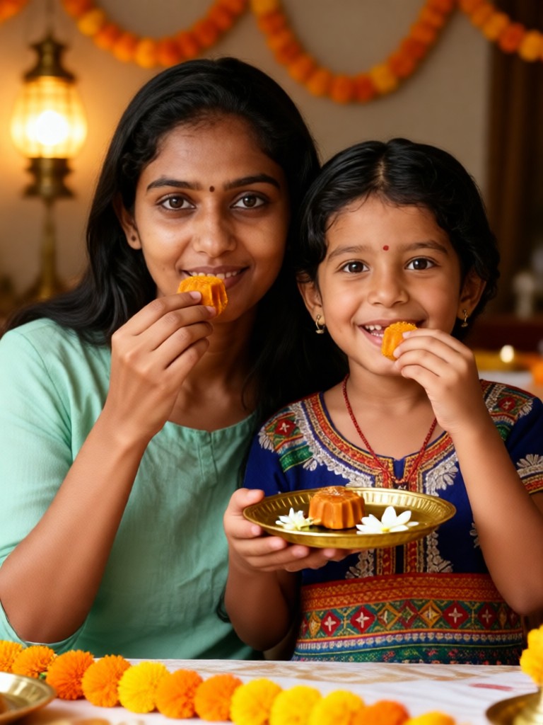 mother and daughter taste sweets together image