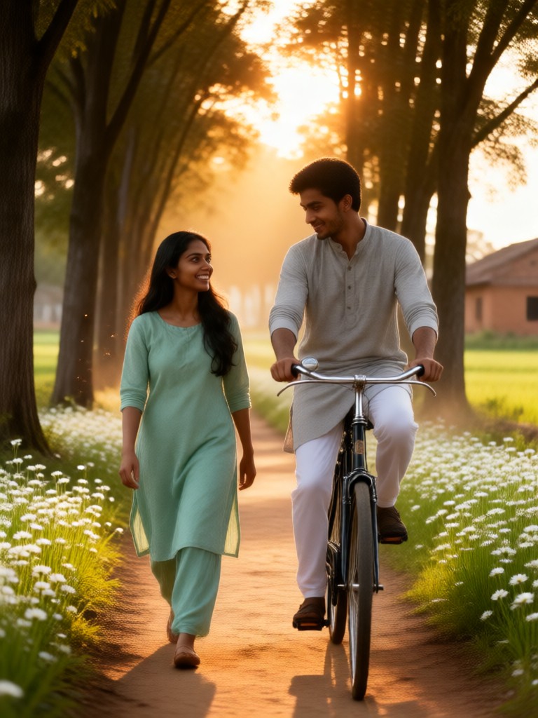 A romantic couple riding bicycles. image