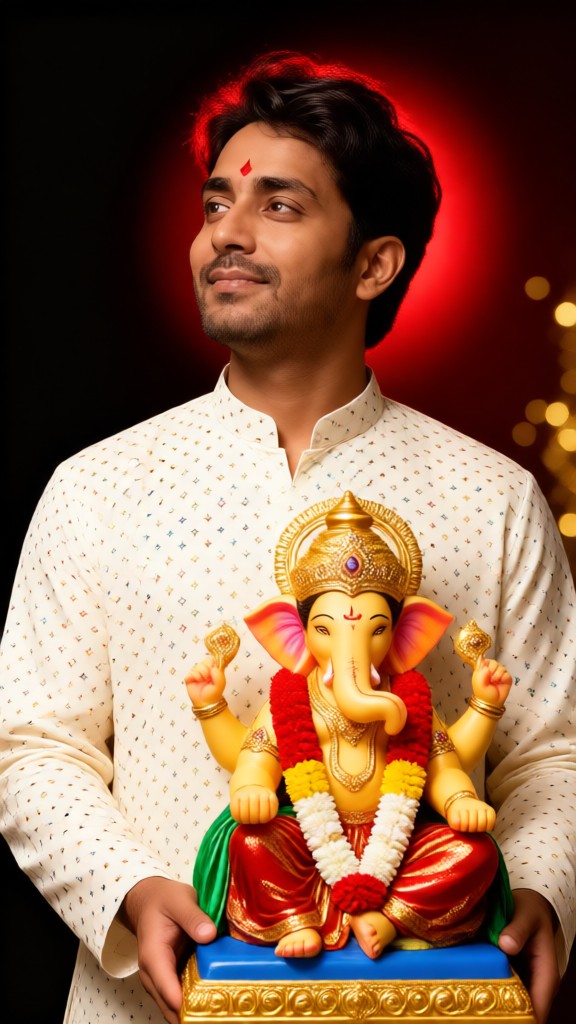 Man Holding A Statue Of Ganesha image