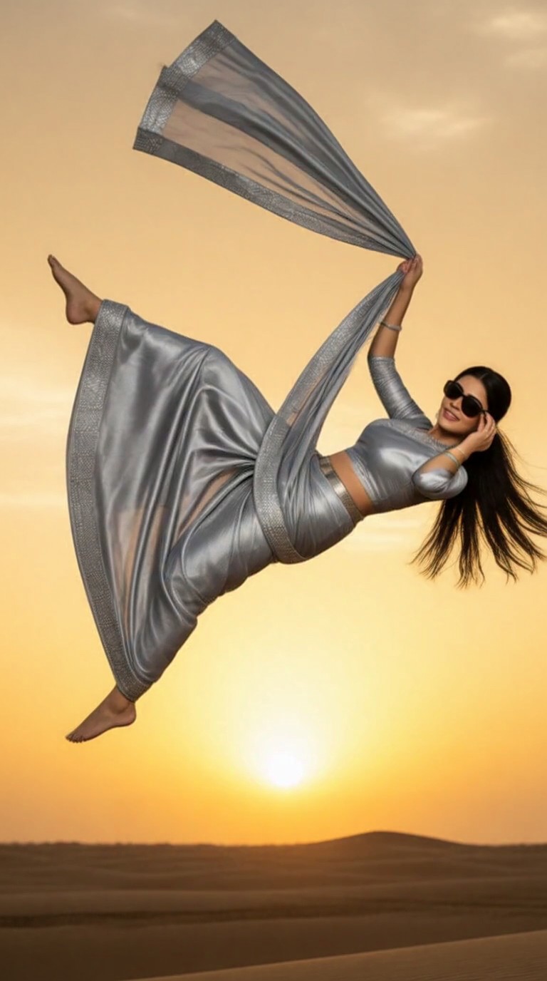 Video of a silver saree dancing. image