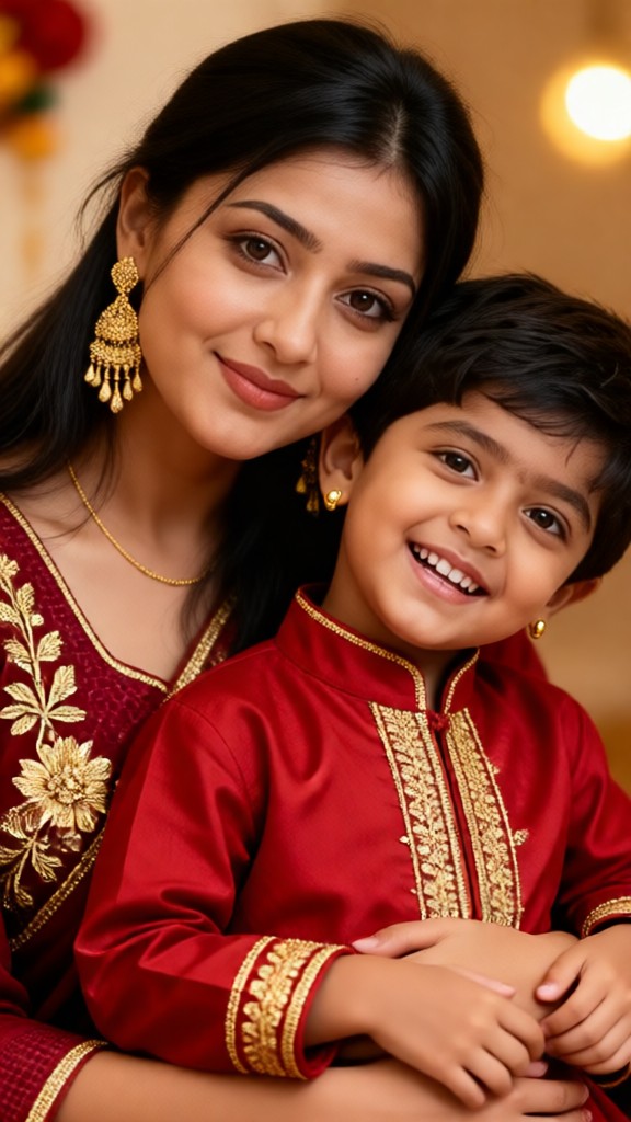 A photo shoot of a mother and son in traditional red attire image