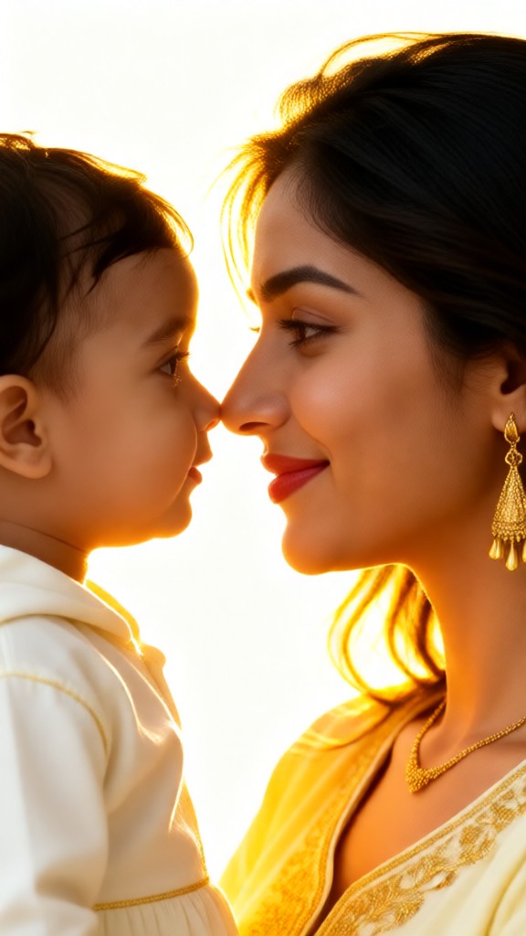 Mother and son in a white sari against the light image
