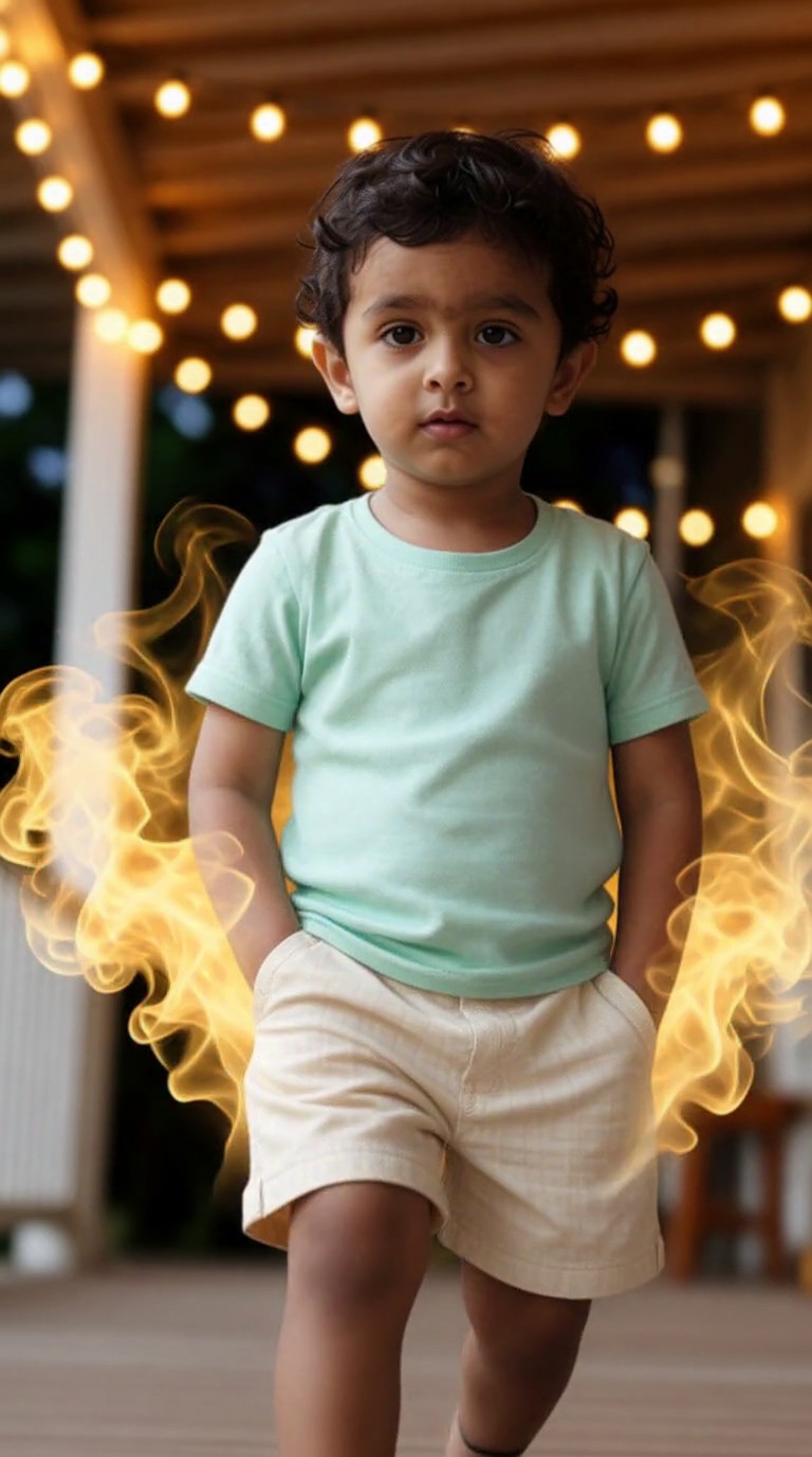 Surrounded by golden light, the little boy walks with an air of dominance. image
