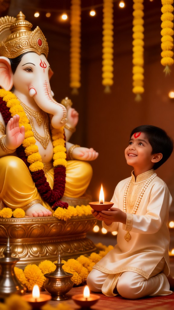 Offering lamps to the Elephant-headed God image