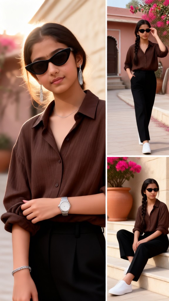 Collage of a woman in a brown shirt and sunglasses image