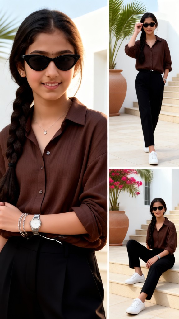 Collage of a woman in a brown shirt and sunglasses image