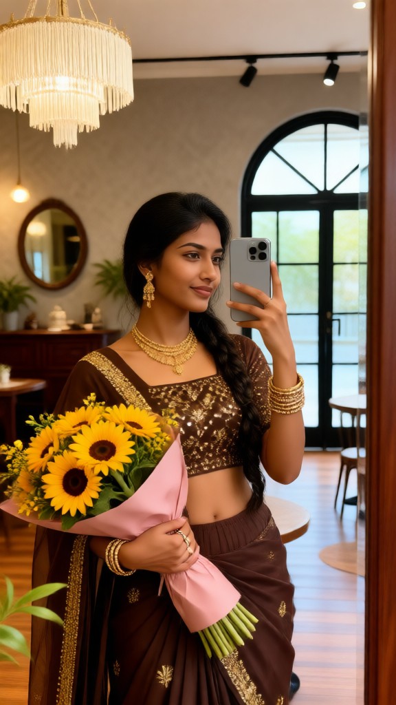 Porträt einer Frau in einem braunen Sari mit einem Strauß von Sonnenblumen image