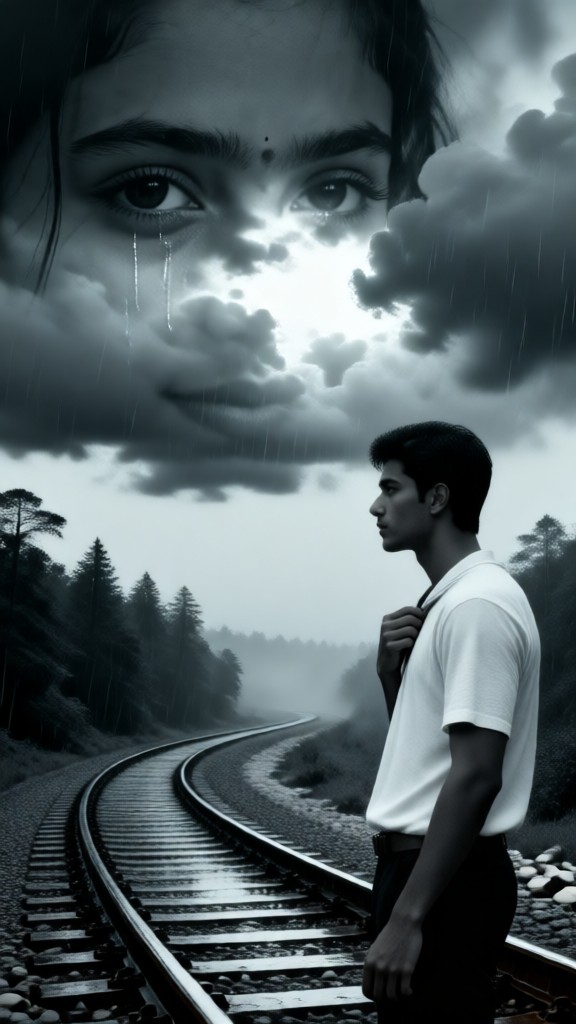 A woman's eyes framed by the double composition of railway tracks. image
