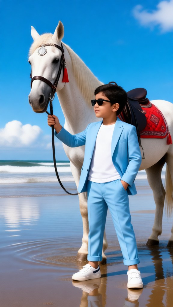 Fotoshoot von Kindern, die Pferde am Meer halten image