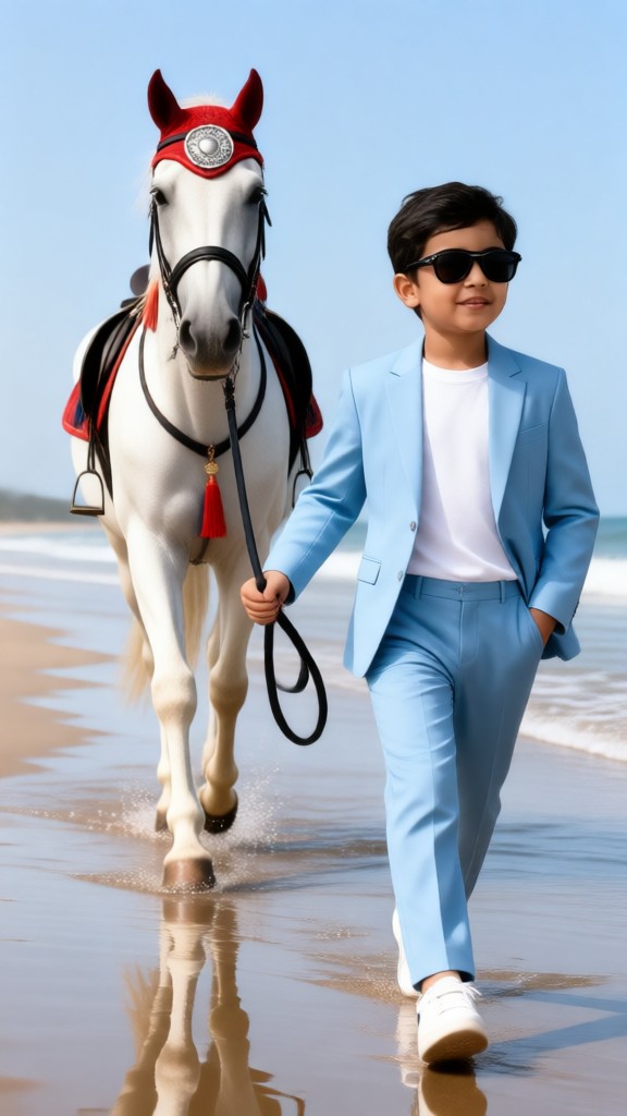Fotoshoot von Kindern, die Pferde am Meer halten image
