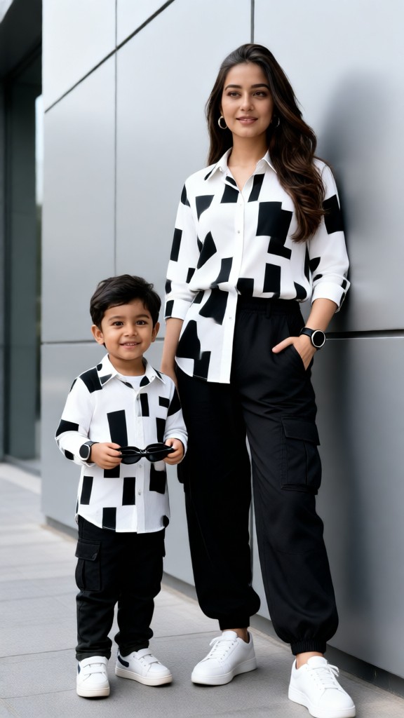 Black-and-White Matching Outfits: A Mother-and-Son Photo image