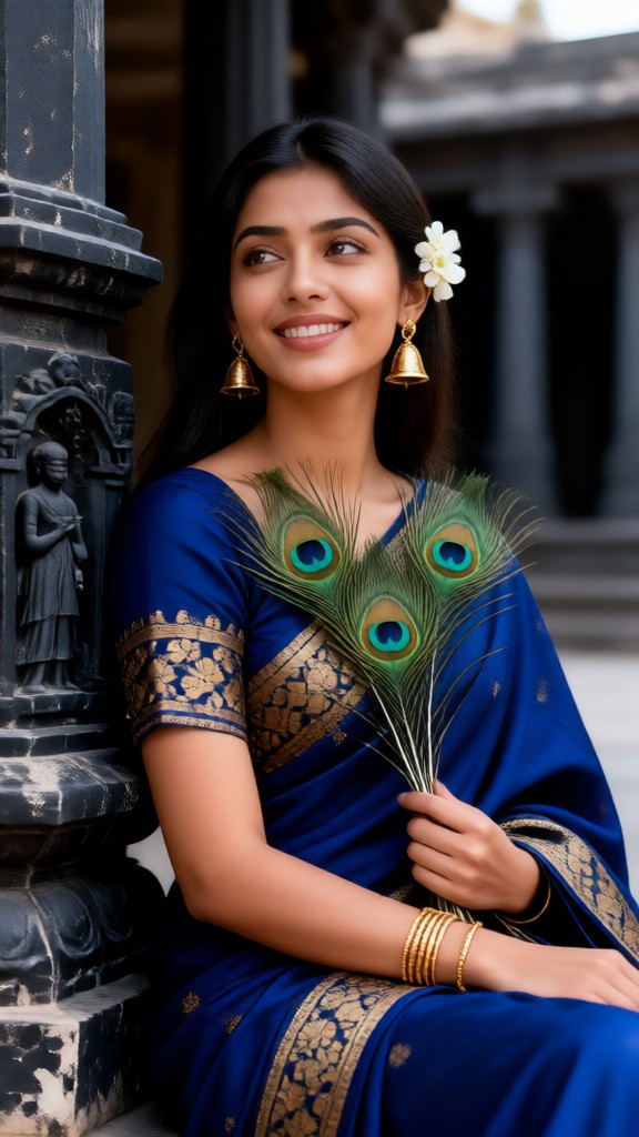 Portrait in a Blue Sari with Peacock Feathers image