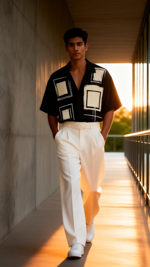 Portrait of a man in a black-and-white geometric shirt, standing in a corridor. image
