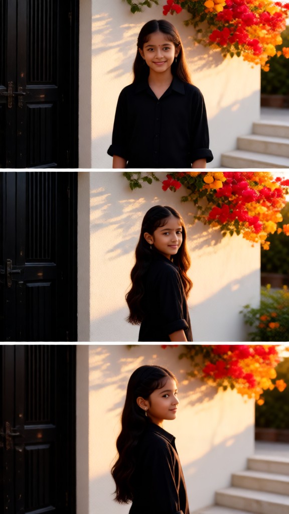 Three-view drawings of a girl in a black shirt against a floral wall. image