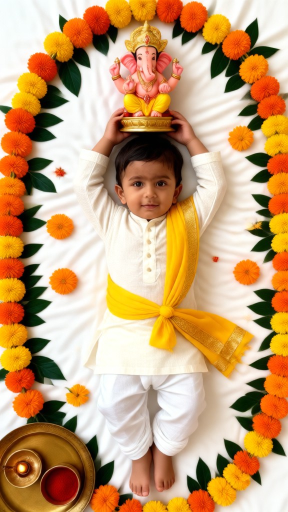 A child with Ganesha on his head image
