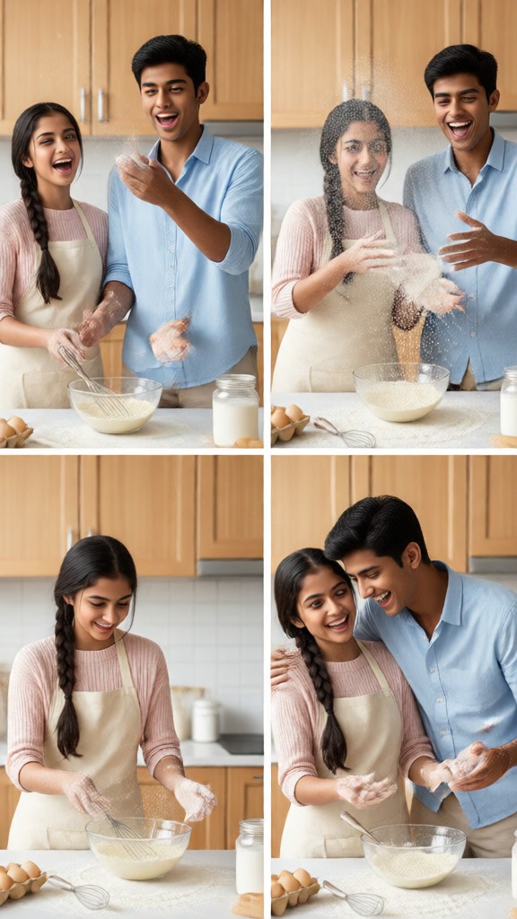 Fun photo of a couple covered in flour while baking in the kitchen image