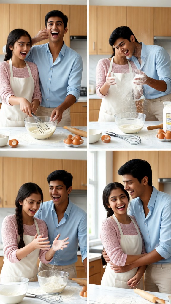 Fun photo of a couple covered in flour while baking in the kitchen image